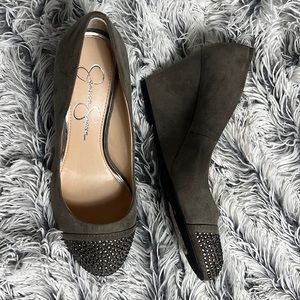 Jessica Simpson Sz 6M Grey Cambria Rhinestone Cap Suede Wedges
